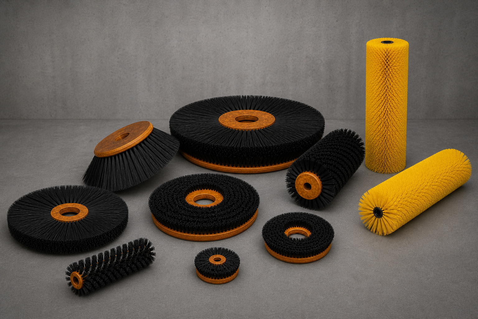 SKAMS brushware display with varied disc brush sizes and one yellow cylindrical brush standing upright
